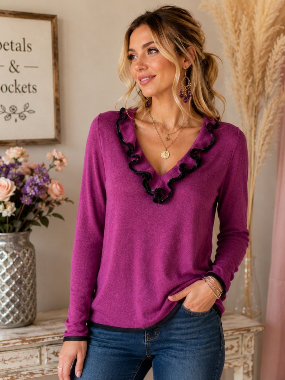 Belldini Burgundy Black Ruffle Trim Knit Sweater Top Size Large